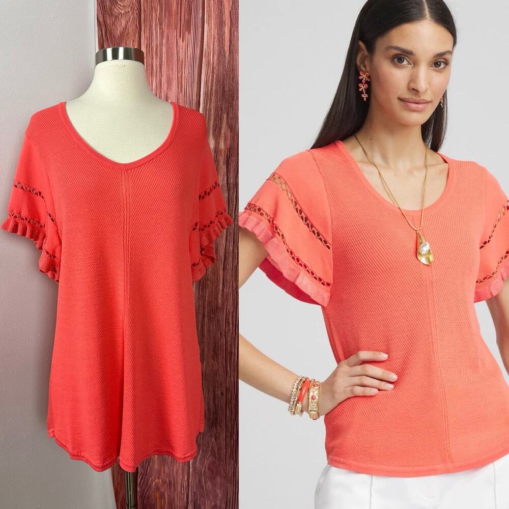Chico's Cut Out Short‎ Sleeved Pullover Sweater Top Coral Orange Size 3 / US XL